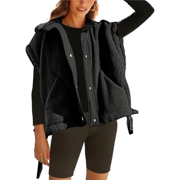 New Women's Fuzzy Fleece Vest Oversized Sleeveless Sherpa Jacket Warm Button - Picture 1 of 6